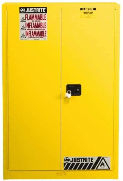 Justrite - 2 Door, 5 Shelf, Yellow Steel Standard Safety Cabinet for Flammable and Combustible Liquids - 65" High x 43" Wide x 18" Deep, Manual Closing Door, 3 Point Key Lock, 60 Gal Capacity - Benchmark Tooling