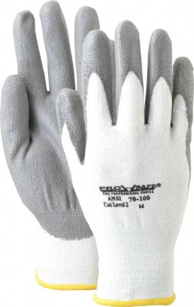 PRO-SAFE - Size M (8), ANSI Cut Lvl A2, Puncture Lvl 1, Abrasion Lvl 4, Polyurethane Coated HPPE Fiber Cut Resistant Gloves - 9" Long, Palm & Fingers Coated, HPPE Fiber Lining, Knit Wrist, White w/ Gray Coating, Paired - Benchmark Tooling