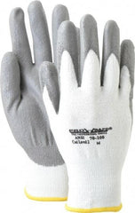 PRO-SAFE - Size M (8), ANSI Cut Lvl A2, Puncture Lvl 1, Abrasion Lvl 4, Polyurethane Coated HPPE Fiber Cut Resistant Gloves - 9" Long, Palm & Fingers Coated, HPPE Fiber Lining, Knit Wrist, White w/ Gray Coating, Paired - Benchmark Tooling