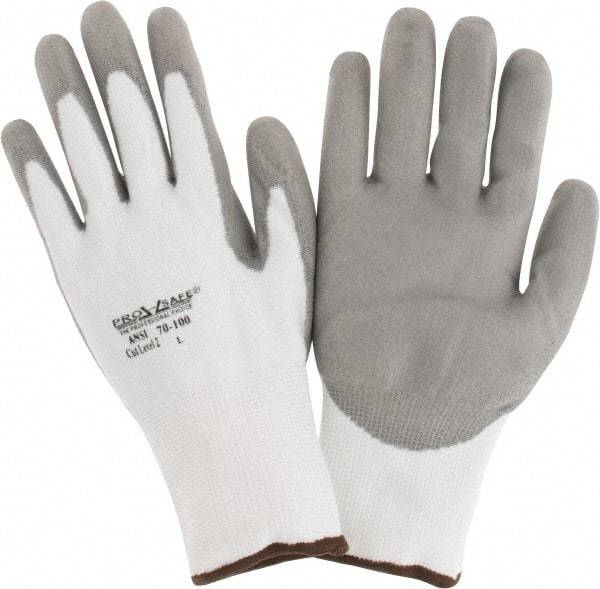 PRO-SAFE - Size L (9), ANSI Cut Lvl A2, Puncture Lvl 1, Abrasion Lvl 4, Polyurethane Coated HPPE Fiber Cut Resistant Gloves - 9" Long, Palm & Fingers Coated, HPPE Fiber Lining, Knit Wrist, White w/ Gray Coating, Paired - Benchmark Tooling