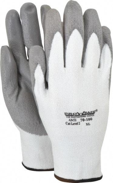 PRO-SAFE - Size XL (10), ANSI Cut Lvl A2, Puncture Lvl 1, Abrasion Lvl 4, Polyurethane Coated HPPE Fiber Cut Resistant Gloves - 9" Long, Palm & Fingers Coated, HPPE Fiber Lining, Knit Wrist, White w/ Gray Coating, Paired - Benchmark Tooling