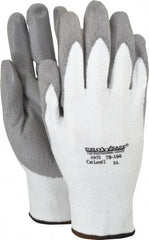 PRO-SAFE - Size XL (10), ANSI Cut Lvl A2, Puncture Lvl 1, Abrasion Lvl 4, Polyurethane Coated HPPE Fiber Cut Resistant Gloves - 9" Long, Palm & Fingers Coated, HPPE Fiber Lining, Knit Wrist, White w/ Gray Coating, Paired - Benchmark Tooling