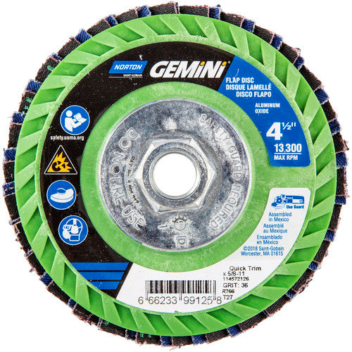 ‎4-1/2 × 5/8 - 11″ Gemini Plastic Flat Flap Disc Type 27 P36 Grit R766 Zirconia Alumina - Benchmark Tooling