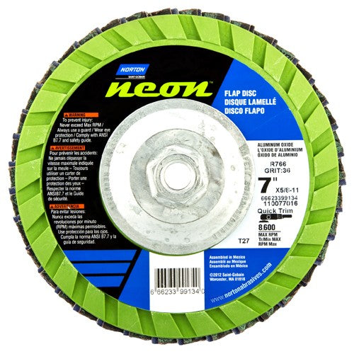 ‎7″ × 1/4″ × 5/8″-11 Neon R766 Flap Disc Type 27 Flat 80 Grit - Benchmark Tooling