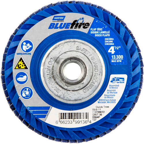 ‎4-1/2 × 5/8 - 11″ BlueFire Plastic Flat Flap Disc Type 27 P36 Grit R884P Zirconia Alumina - Benchmark Tooling