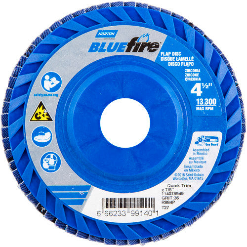 ‎4-1/2 × 7/8″ BlueFire Plastic Flat Flap Disc Type 27 P36 Grit R884P Zirconia Alumina - Benchmark Tooling