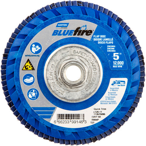 ‎5 × 5/8 - 11″ BlueFire Plastic Flat Flap Disc Type 27 P60 Grit R884P Zirconia Alumina - Benchmark Tooling