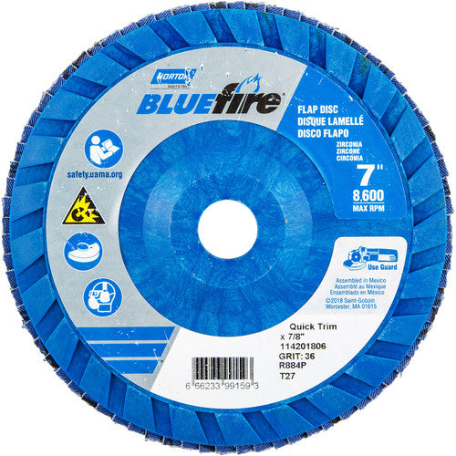 7 × 7/8″ BlueFire Plastic Flat Flap Disc Type 27 P36 Grit R884P Zirconia Alumina - Benchmark Tooling