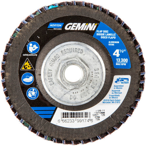 ‎4-1/2 × 5/8 - 11″ Gemini Fiberglass Conical Flap Disc Type 29 P120 Grit R766 Zirconia Alumina - Benchmark Tooling