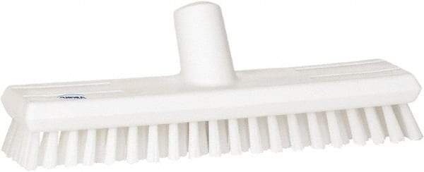 Vikan - 1" Bristle Length, Polyester Scrub Brush - 10-5/8" Long x 2-1/2" Wide Head, 11" OAL, European Threaded Handle, White, Polypropylene Block - Benchmark Tooling