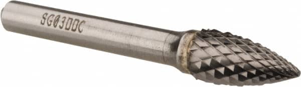 SGS Pro - 3/8" Cut Diam, 1/4" Shank Diam, Tree Head Double Cut Burr - Carbide, Point End, 3/4" LOC, 2-1/2" OAL - Benchmark Tooling