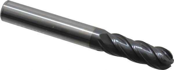 SGS - 3/8" Diam, 1-1/8" LOC, 4 Flute Solid Carbide Ball End Mill - AlTiN Finish, Single End, 3" OAL, 3/8" Shank Diam, Spiral Flute - Benchmark Tooling