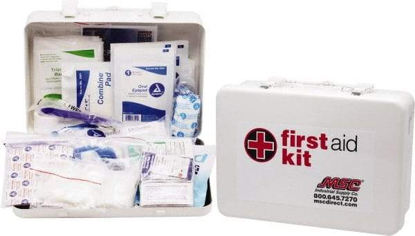 Medique - 100 Piece, 10 Person, Industrial First Aid Kit - 11" Wide x 7-1/2" Deep x 2-1/2" High, Metal Case - Benchmark Tooling