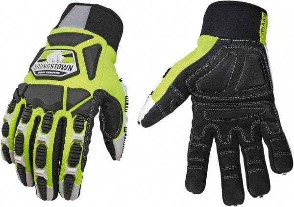 Youngstown - Size 3XL (12), ANSI Cut Lvl 4, Puncture Lvl 4, Abrasion Lvl 4, Cut & Puncture Resistant Gloves - Kevlar Lining, Slip-On Cuff, Hi-Vis Lime/Black, Paired - Benchmark Tooling