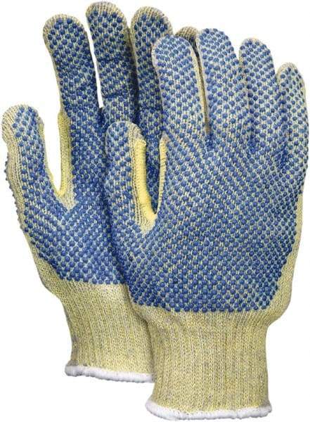 MCR Safety - Size XL (10), ANSI Cut Lvl 5, PVC Coated Kevlar/Spectra/Stainless Steel Cut Resistant Gloves - Fully Coated Coated, Continuous Knit Cuff, Yellow/Blue, Paired - Benchmark Tooling