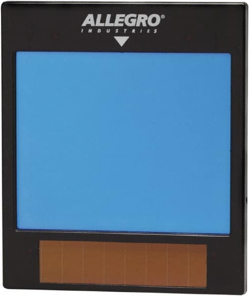 Allegro - 3.2" Wide x 3.9" High, Lens Shade 5 to 14, Plastic Auto-Darkening Lens - 0.4167" Thick, Green, Vertical Mount - Benchmark Tooling