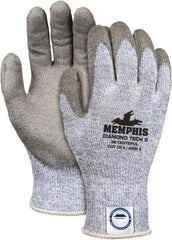 MCR Safety - Size S (7), ANSI Cut Lvl 5, Polyurethane Coated Dyneema Cut Resistant Gloves - 9.05" Long, Palm & Fingertips Coated, Elastic Cuff, Gray/Blue, Paired - Benchmark Tooling