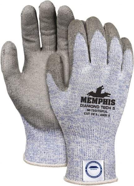 MCR Safety - Size M (8), ANSI Cut Lvl 5, Polyurethane Coated Dyneema Cut Resistant Gloves - 9.64" Long, Palm & Fingertips Coated, Elastic Cuff, Gray/Blue, Paired - Benchmark Tooling