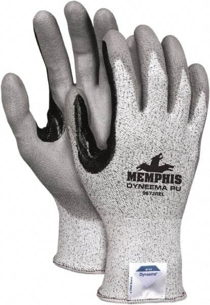 MCR Safety - Size S (7), ANSI Cut Lvl 2, Polyurethane Coated Dyneema Cut Resistant Gloves - 12.4" Long, Palm & Fingertips Coated, Elastic Cuff, Gray/Black, Paired - Benchmark Tooling