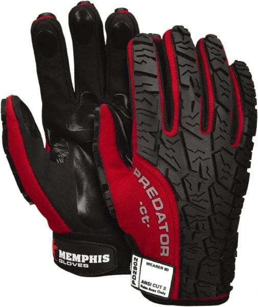 MCR Safety - Size XL (10), ANSI Cut Lvl 2, Leather Cut Resistant Gloves - 9.85" Long, Hook & Loop Cuff, Red/Black, Paired - Benchmark Tooling