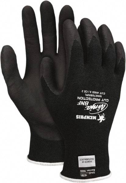 MCR Safety - Size S (7), ANSI Cut Lvl 3, Nitrile Coated Kevlar Cut Resistant Gloves - 8.859" Long, Palm & Fingertips Coated, Elastic Cuff, Black, Paired - Benchmark Tooling