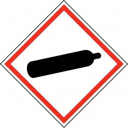 NMC - Hazardous Materials Label, Header: Compressed Gas Warning - Legend: GHS - Graphic, English, Black & Red, 2" Long x 2" High, No Coating - Benchmark Tooling