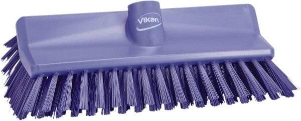 Vikan - 1-1/2" Bristle Length, Polyester Scrub Brush - 10" Long x 5-1/2" Wide Head, 10-25/64" OAL, European Threaded Handle, Purple, Polypropylene Block - Benchmark Tooling