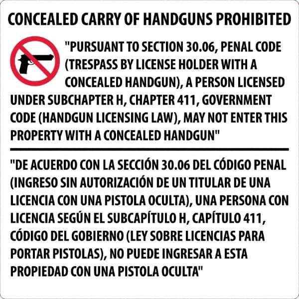 NMC - "Concealed Carry of Handguns Prohibited", 30" Long x 30" Wide, Aluminum Safety Sign - Square, 0.118" Thick, Use for Accident Prevention - Benchmark Tooling