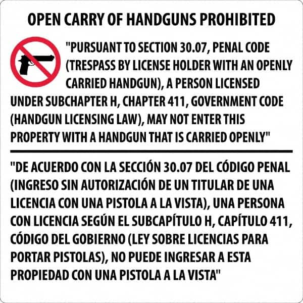 NMC - "Open Carry of Handguns Prohibited", 30" Long x 30" Wide, Aluminum Safety Sign - Square, 0.118" Thick, Use for Accident Prevention - Benchmark Tooling