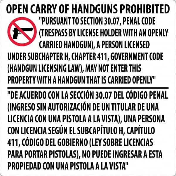 NMC - "Open Carry of Handguns Prohibited", 24" Long x 24" Wide, Rigid Plastic Safety Sign - Square, 0.05" Thick, Use for Accident Prevention - Benchmark Tooling