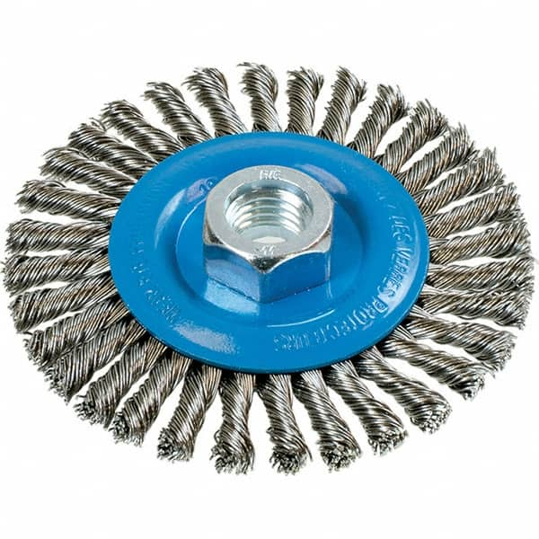 WALTER Surface Technologies - 4" OD, 5/8-11 Arbor Hole, Stringer Bead Stainless Steel Wheel Brush - 3/16" Face Width, 0.02" Filament Diam, 20,000 RPM - Benchmark Tooling