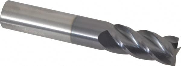 Accupro - 9/16", 1-1/4" LOC, 9/16" Shank Diam, 3-1/2" OAL, 4 Flute, Solid Carbide Square End Mill - Single End, AlTiN Finish, Spiral Flute, 40° Helix, Centercutting, Right Hand Cut, Right Hand Flute - Benchmark Tooling