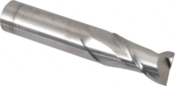 Accupro - 5/8", 1-1/4" LOC, 5/8" Shank Diam, 3-1/2" OAL, 2 Flute, Solid Carbide Square End Mill - Single End, Uncoated, Spiral Flute, 40° Helix, Centercutting, Right Hand Cut, Right Hand Flute - Benchmark Tooling