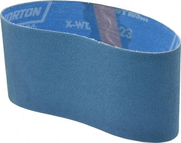 Norton - 3-1/2" Wide x 15-1/2" OAL, 80 Grit, Zirconia Alumina Abrasive Belt - Zirconia Alumina, Medium, Coated, X Weighted Cloth Backing, Series R823 - Benchmark Tooling