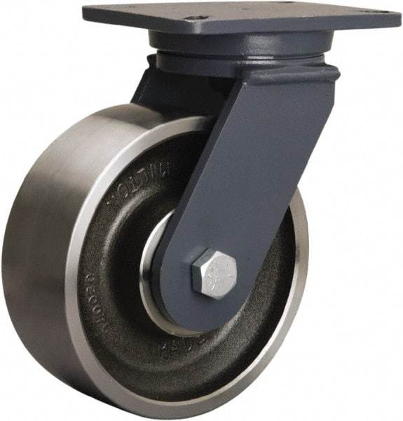 Hamilton - 8" Diam x 3" Wide x 10-1/2" OAH Top Plate Mount Swivel Caster - Forged Steel, 3,500 Lb Capacity, Tapered Roller Bearing, 5-1/4 x 7-1/4" Plate - Benchmark Tooling