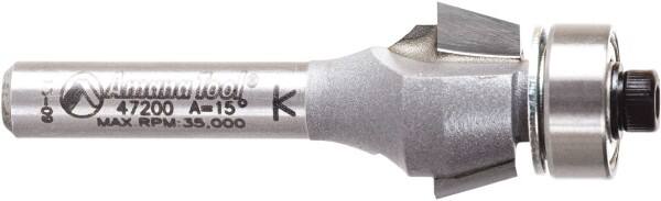 Amana Tool - 5/8" Cut Diam, 9/32" Length of Cut, 2 Flute Chamfer Edge Profile Router Bit - Carbide-Tipped, 1/4" Shank Diam, 2-3/32" OAL, Uncoated - Benchmark Tooling