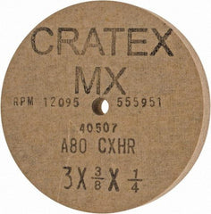 Cratex - 3" Diam x 1/4" Hole x 3/8" Thick, 80 Grit Surface Grinding Wheel - Aluminum Oxide, Type 1, Medium Grade, 12,095 Max RPM, No Recess - Benchmark Tooling