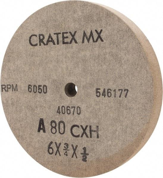 Cratex - 6" Diam x 1/2" Hole x 3/4" Thick, 80 Grit Surface Grinding Wheel - Aluminum Oxide, Type 1, Medium Grade, 6,050 Max RPM, No Recess - Benchmark Tooling