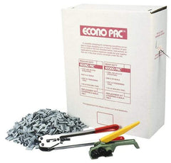 Value Collection - 9,000 Inch Long x 1/2 Inch Wide x 0.015 Inch Thick, Heavy Duty Polyproylene Strapping Kit - 400 Lbs Tensile Strength, Contains Self Dispensing Box, White Polypropylene Strapping, 1000 Seals, Tensioner Tool and Crimper Tool - Benchmark Tooling