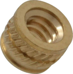 E-Z LOK - #6-32, 0.199" Small to 0.206" Large End Hole Diam, Brass Single Vane Tapered Hole Threaded Insert - 0.22" Insert, 0.203" Pilot Diam, 0.15" OAL, 0.116" Min Wall Thickness - Benchmark Tooling