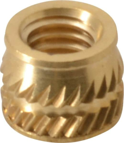 E-Z LOK - #10-32, 0.267" Small to 0.277" Large End Hole Diam, Brass Single Vane Tapered Hole Threaded Insert - 0.296" Insert, 0.272" Pilot Diam, 0.225" OAL, 0.159" Min Wall Thickness - Benchmark Tooling