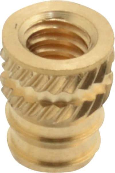 E-Z LOK - #8-32, 0.208" Small to 0.234" Large End Hole Diam, Brass Double Vane Tapered Hole Threaded Insert - 1/4" Insert, 0.212" Pilot Diam, 5/16" OAL, 0.133" Min Wall Thickness - Benchmark Tooling