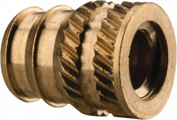 E-Z LOK - #10-24, 0.246" Small to 0.277" Large End Hole Diam, Brass Double Vane Tapered Hole Threaded Insert - 19/64" Insert, 1/4" Pilot Diam, 3/8" OAL, 0.159" Min Wall Thickness - Benchmark Tooling