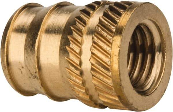 E-Z LOK - 1/4-28, 0.321" Small to 0.363" Large End Hole Diam, Brass Double Vane Tapered Hole Threaded Insert - 3/8" Insert, 0.332" Pilot Diam, 1/2" OAL, 0.194" Min Wall Thickness - Benchmark Tooling