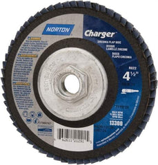 Norton - 24 Grit, 4-1/2" Disc Diam, 5/8-11 Center Hole, Type 29 Zirconia Alumina Flap Disc - 13,000 Max RPM, Fiberglass Backing, Coated - Benchmark Tooling