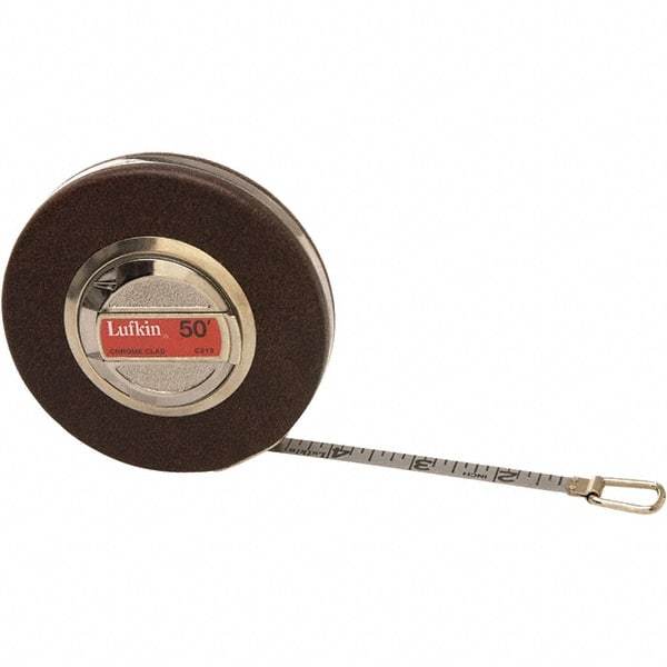 Lufkin - 50' x 3/8" White Steel Blade Tape Measure - 1/8" Graduation, Brown Steel Case - Benchmark Tooling