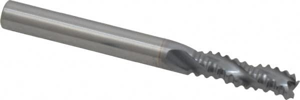 Niagara Cutter - 1/4" Diam, Coarse Pitch, 3/4" LOC, 3 Flute Solid Carbide Corner Chamfer Roughing End Mill - TiCN Finish, 2-1/2" OAL, 1/4" Shank Diam, Single End, Centercutting, 30° Helix - Benchmark Tooling