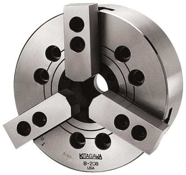 Kitagawa - 3 Jaws, 12" Chuck Diam, Plain Back Mount, 3.5827" Through Hole, Drawbar, Hydraulic Power Lathe Chuck - 31,718 Lb Force per Jaw, 1.5mm x 60 Serrated Jaw Interface, 34mm to 304mm Jaw Capacity, 3,300 RPM, High Speed Steel Body - Benchmark Tooling