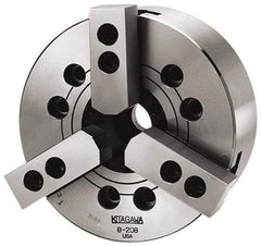 Kitagawa - 3 Jaws, 6" Chuck Diam, Plain Back Mount, 1.7717" Through Hole, Drawbar, Hydraulic Power Lathe Chuck - 12,555 Lb Force per Jaw, 1.5mm x 60 Serrated Jaw Interface, 16mm to 169mm Jaw Capacity, 6,000 RPM, High Speed Steel Body - Benchmark Tooling