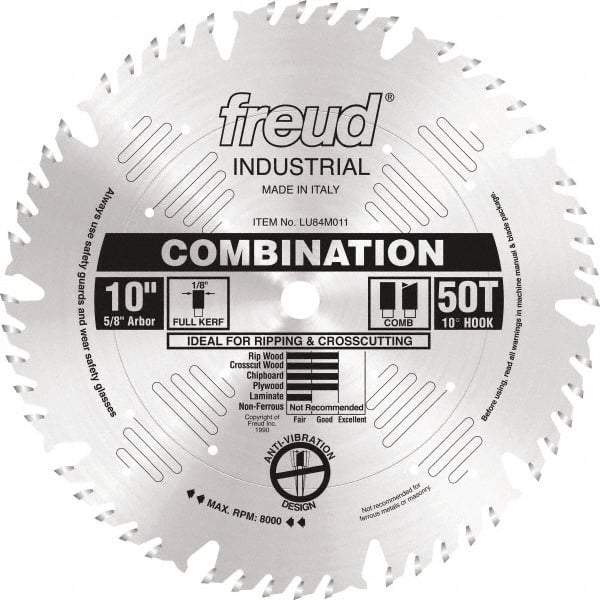 Freud - 10" Diam, 5/8" Arbor Hole Diam, 50 Tooth Wet & Dry Cut Saw Blade - Carbide-Tipped, Standard Round Arbor - Benchmark Tooling